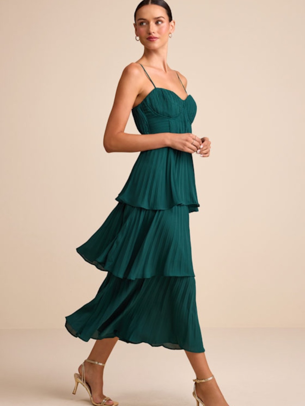 Lulus Cascading Crush Emerald Tiered Bustier Midi Dress Green - Size M